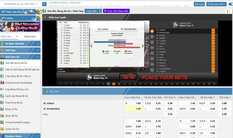 Giao diện đặt cược kèo thể thao ảo 98Win