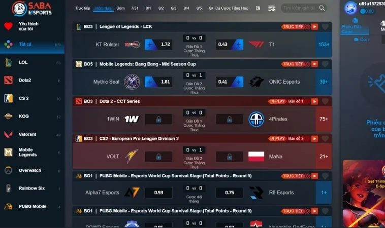 Bảng kèo cá cược Thể Thao Điện Tử Tại 98Win