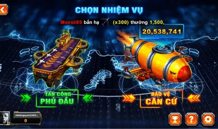 Chọn nhiệm vụ trong game Bắn Cá Đại Chiến B52 98Win