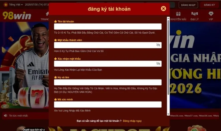 Giao diện đăng ký 98Win