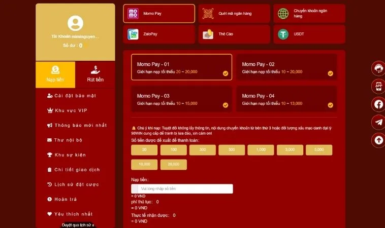 Các phương thức nạp tiền 98Win