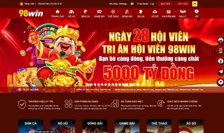 Giao diện trang chủ nhà cái 98WIN