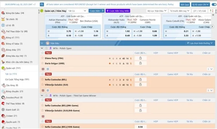 Tỷ lệ kèo quần vợt 98Win đa dạng, phong phú
